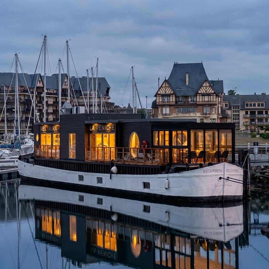 La Péniche, restaurant sur l'eau amarré dans le port de Deauville au crépuscule